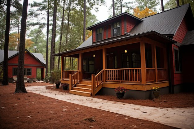 Cozy house with front porch swing lanterns and potted plants on exterior