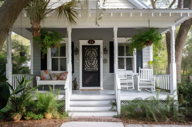 Cozy house with front porch swing welcoming guests for a visit