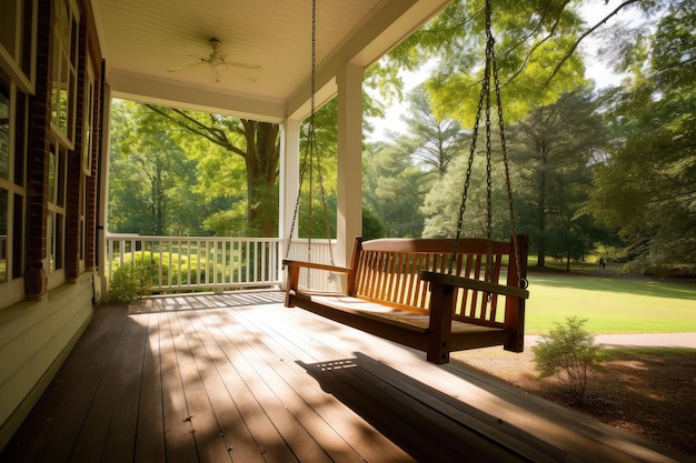 Cozy house with porch swing overlooking park or meadow