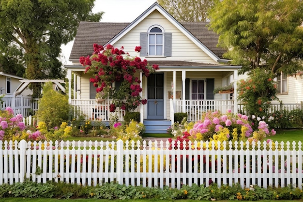 Cozy house with warm and welcoming exterior including a white picket fence and blooming flowers