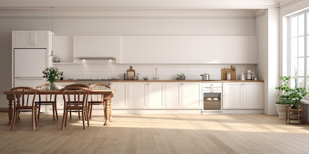 Cozy house with a white corner kitchen on parquet floor