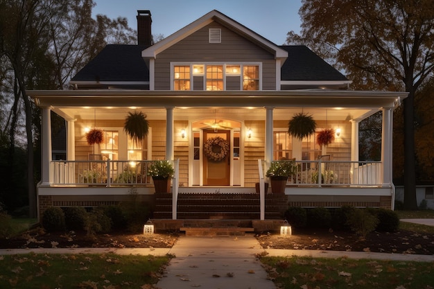 Cozy house with wraparound porch and lanterns for a warm and welcoming exterior