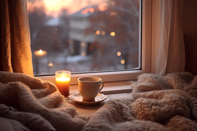 A cozy Hygge winter scene at home near the window with warm blanket candle and hot beverage