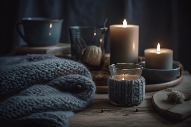 Cozy Hygge winter a scene of soft blankets warm beverages and candles