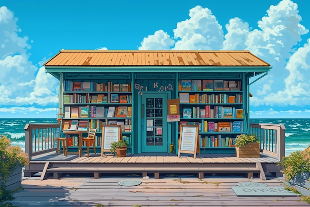 A cozy illustration front view of bookshop