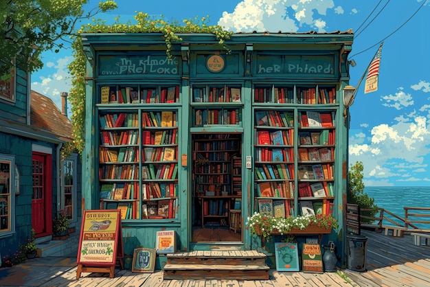 A cozy illustration front view of bookshop
