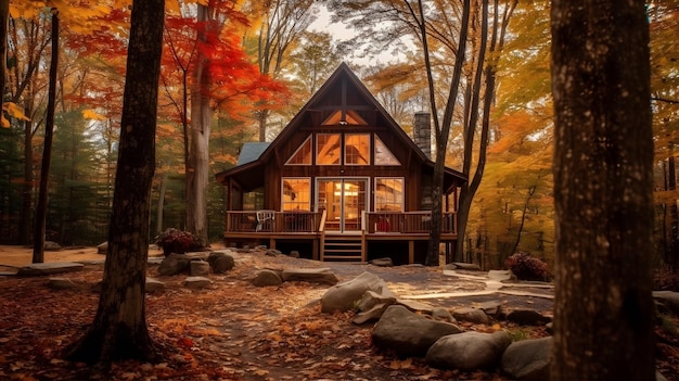 Foto immagine accogliente di un'affascinante capanna immersa nel mezzo di una foresta autunnale circondata da fogliame colorato generativo ai