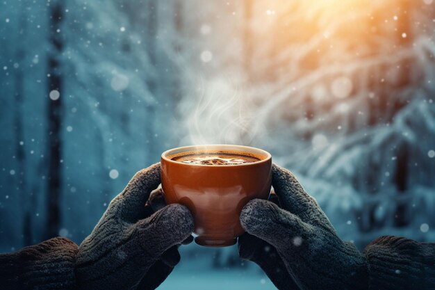 A cozy image featuring a hand holding a steaming cup of coffee set against the vibrant backdrop of an winter forest