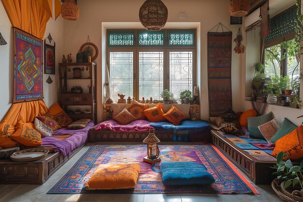 Photo cozy indian inspired living room with colorful tapestries floor c interior layout creative decor