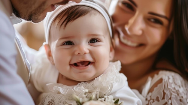 부모 와 아기 와 함께 첫 번째 치아 가 나타나는 편안 한 실내 의식