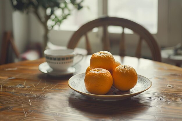 cozy indoor still life with oranges and coffee cup