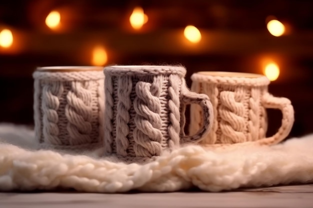 Cozy Indulgence Trio of Mugs for Tea or Coffee Surrounded by Woolen Comforts AI