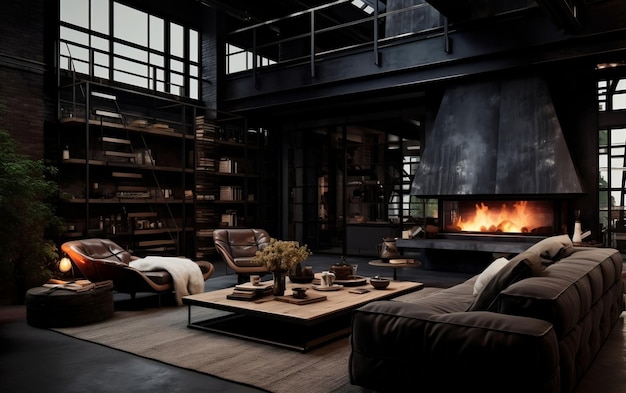 Cozy Industrial Ambiance Dark Loft Living Room with Fireplace Generative AI