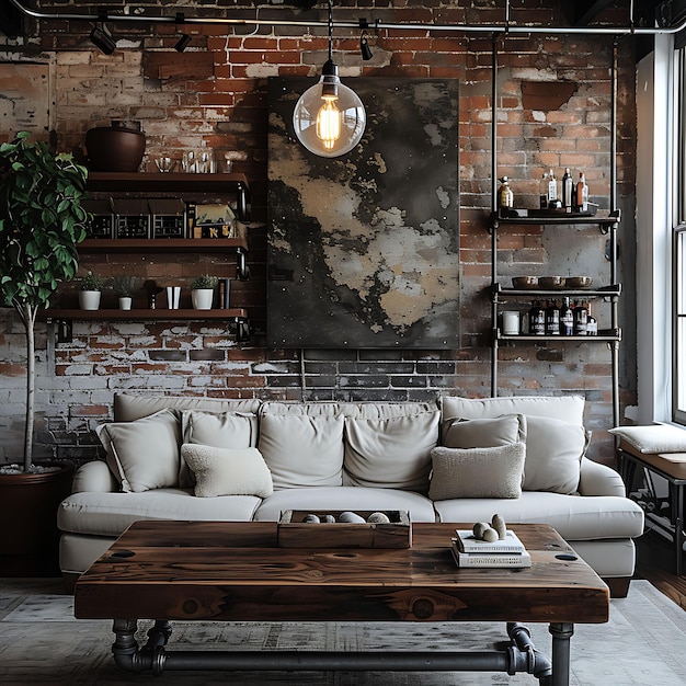 Foto accogliente salotto industriale elegante con tavolo da caffè in legno riciclato layout interno decorazione creativa