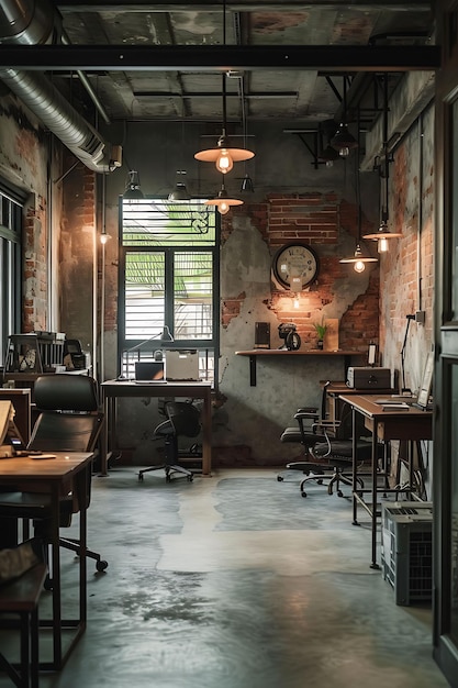 Foto accogliente ufficio industriale elegante con pareti di mattoni a vista pavimento di cemento layout interno decorazione creativa