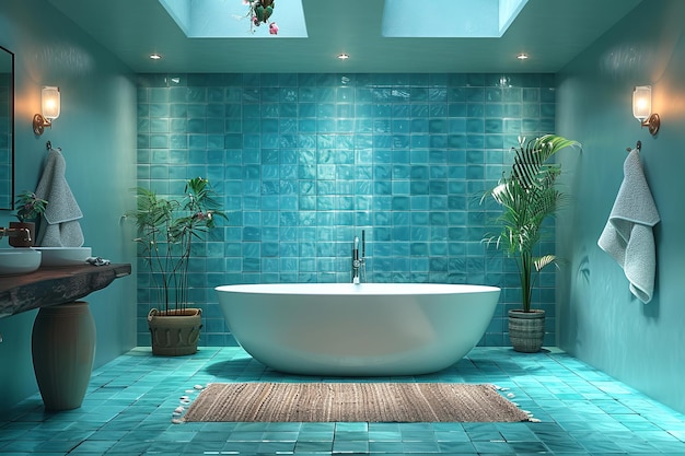 Cozy interior of bathroom in blue color in modern house