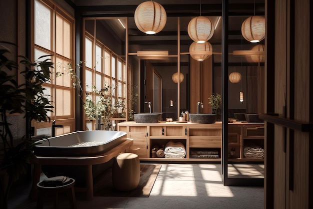 Cozy interior of bathroom in modern house in Japandi style