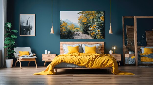 Cozy interior of the bedroom is yellow with blue walls Bedroom in Scandinavian style Generative AI