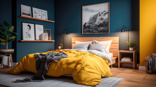 Photo cozy interior of the bedroom is yellow with blue walls bedroom in scandinavian style generative ai