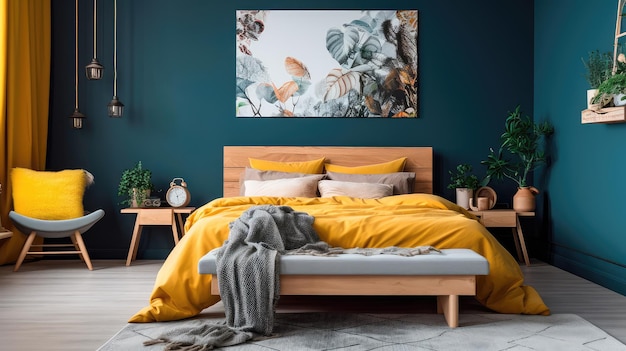 Cozy interior of the bedroom is yellow with blue walls Bedroom in Scandinavian style Generative AI