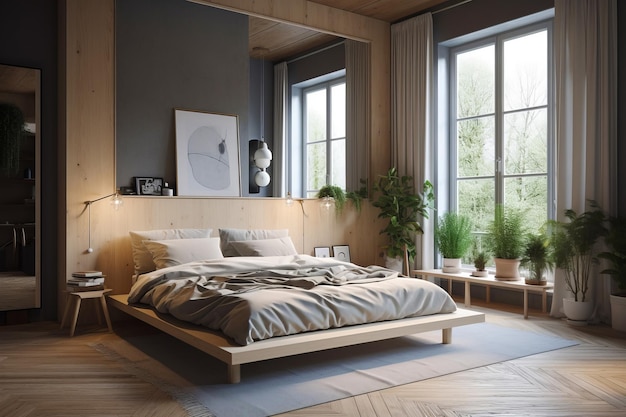 Cozy interior of bedroom in modern house in Scandi style