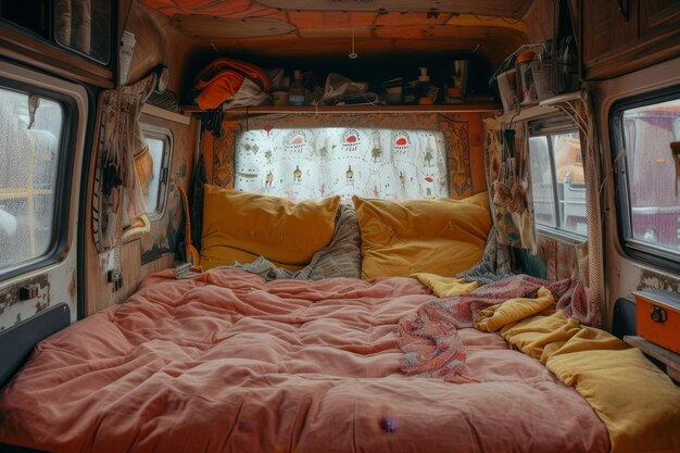 The cozy interior of the bedroom in the motorhome Places to sleep in a camper van