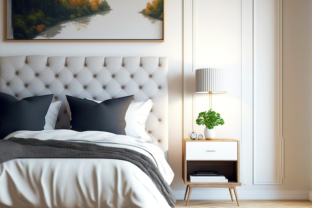 Cozy interior of bedside lamp hotel on table