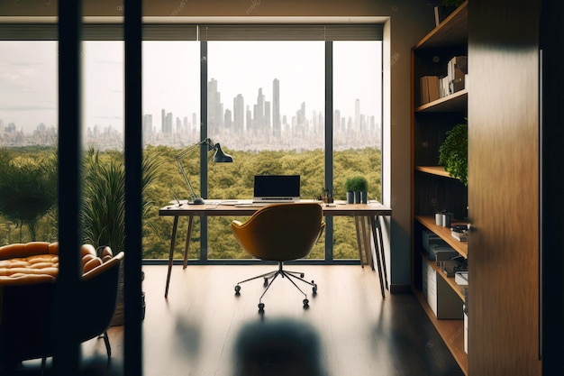 Уютный интерьер пустого офиса с видом на город и парк