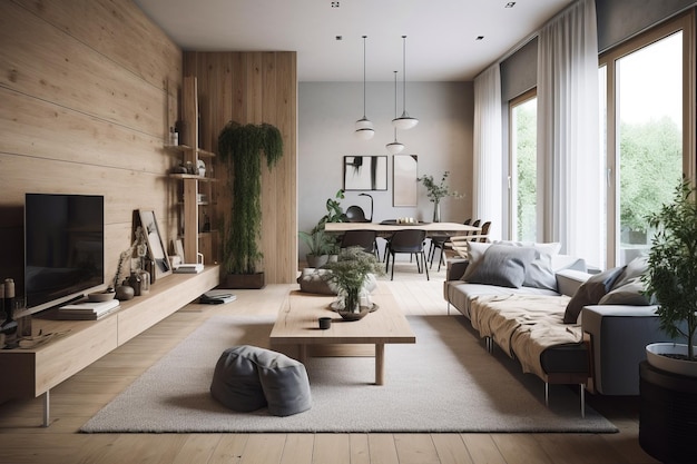 Cozy interior of living room in modern house in Scandi style