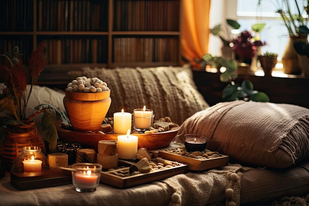 Cozy Interior for Meditation Practice with Mantras and Relaxation Equipment