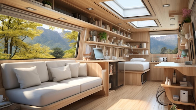 Foto interno accogliente di un camper con grandi finestre e finiture in legno naturale