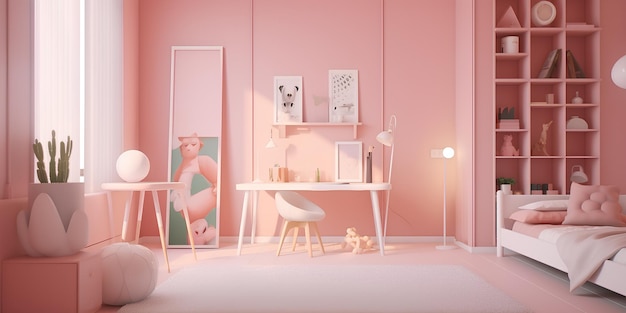 写真 ピンク色の子供部屋の居心地の良いインテリア
