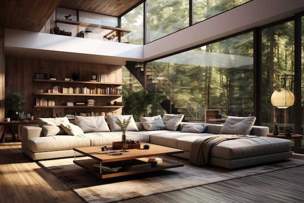 Cozy interior with large sofa wood finishes large glasses windows floortoceiling windows