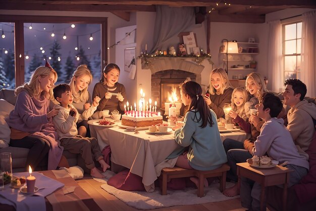 A cozy and intimate birthday party with a crackling fireplace warm blankets