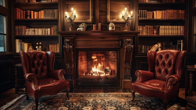 A cozy and intimate podium adorned with vintage wingback chairs a roaring fireplace and shelves