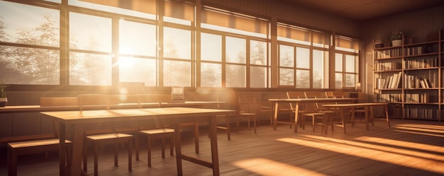 A cozy and intimate study room in a school with warm wooden textures and a soft golden ligh