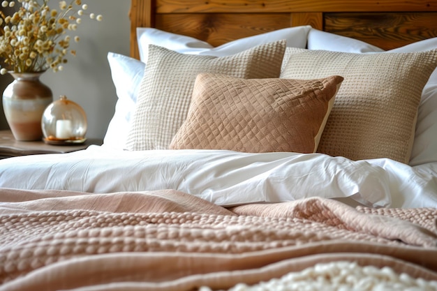 Photo cozy and inviting bedroom scene with plush bedding decorative throw pillows and elegant bedspread