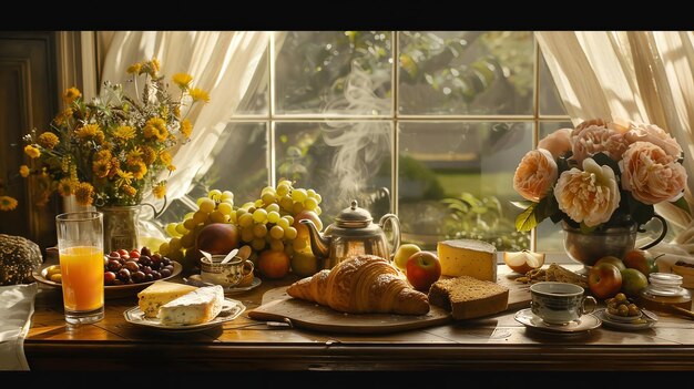 Photo a cozy and inviting breakfast scene witha sunlit wooden table by a window with sheer curtains