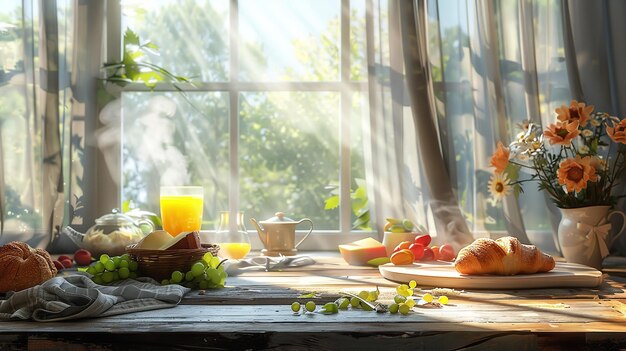 Photo a cozy and inviting breakfast scene witha sunlit wooden table by a window with sheer curtains