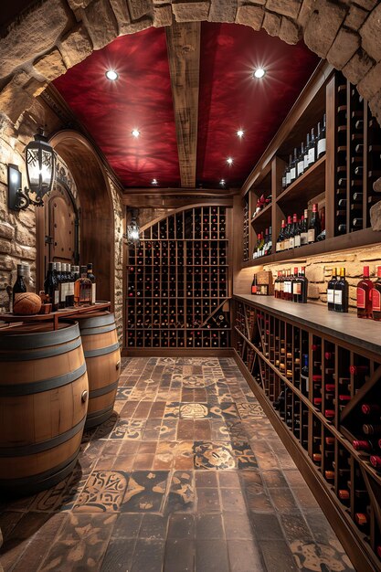 Accogliente cantina di vino di ispirazione italiana con pareti in pietra barili di vino layout interno decorazione creativa