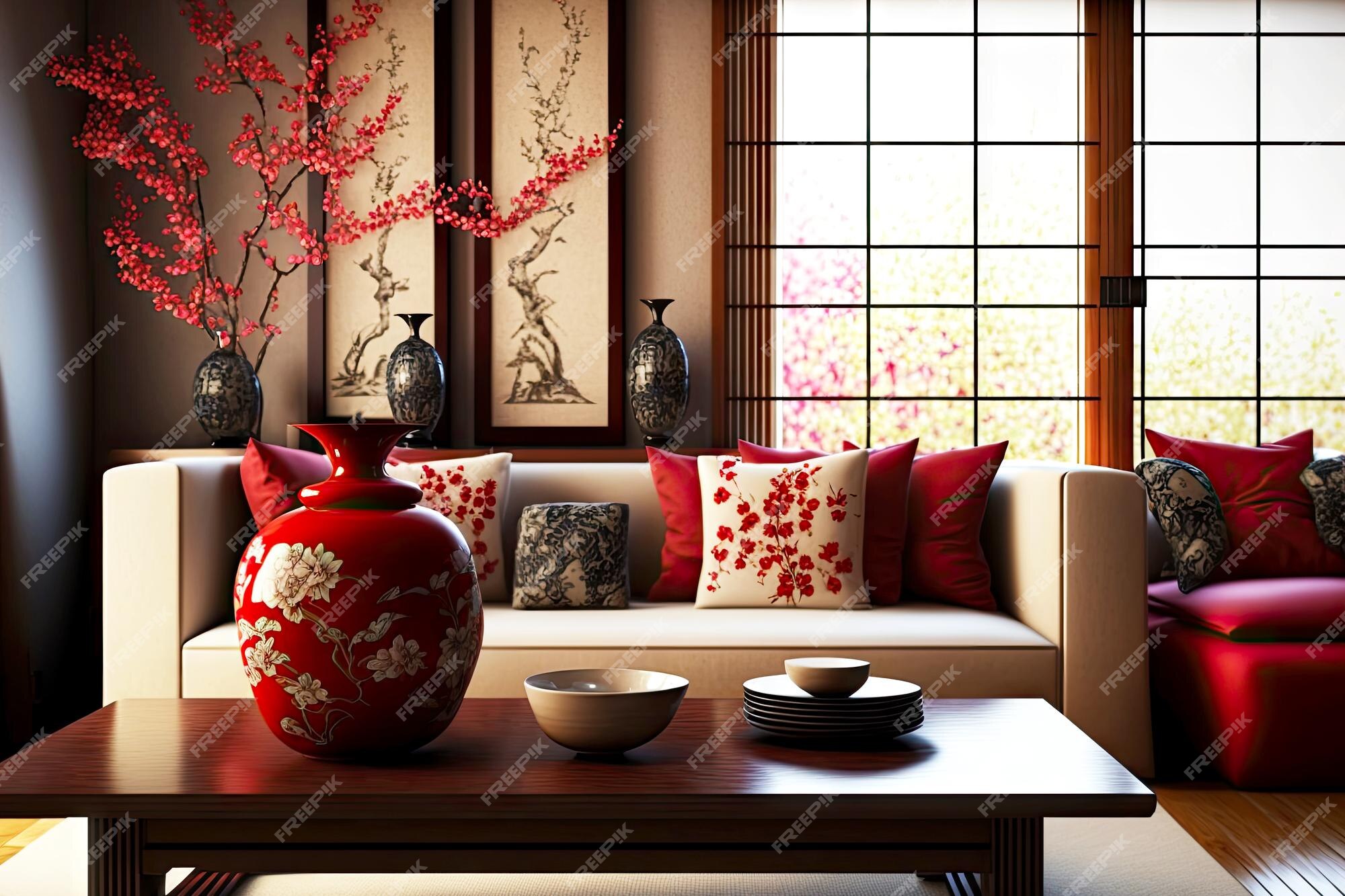 Premium Photo | Cozy japanese living room with red decoration and ...