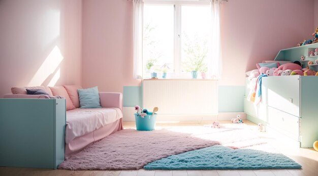 Photo cozy kids room in earthly colors and minimalist design