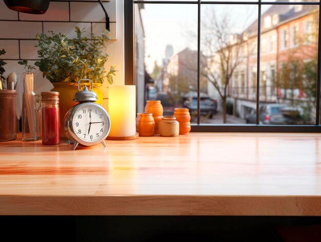 Уютный кухонный интерьер с часами и различными предметами на прилавке естественный свет жилой фон Генеративный ИИ