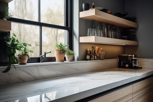 Cozy kitchen interior with quartz bar countertop