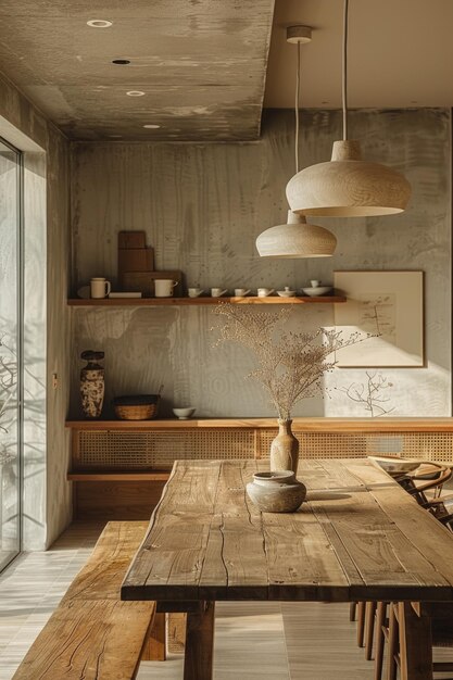 Foto un accogliente interno di cucina con tavolo di legno