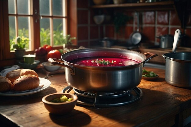 Cozy Kitchen Scene with Borscht Simmering