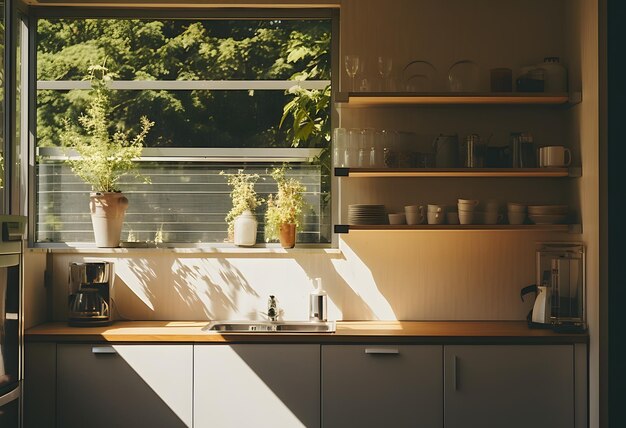 Уютная кухня с живописным видом из окна и удобной раковиной для легкой уборки