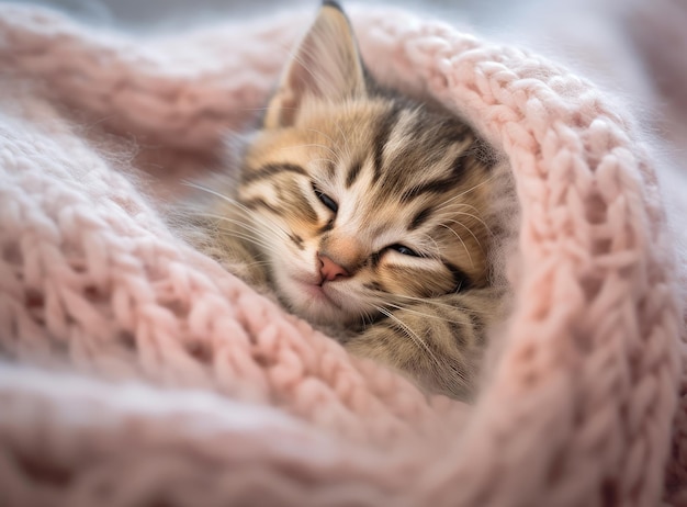 Cozy kitten sleeps under blanket on a bed at home Top down view