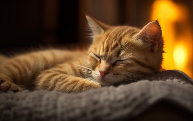 パチパチ音を立てる暖炉のそばで居眠りする居心地の良い子猫