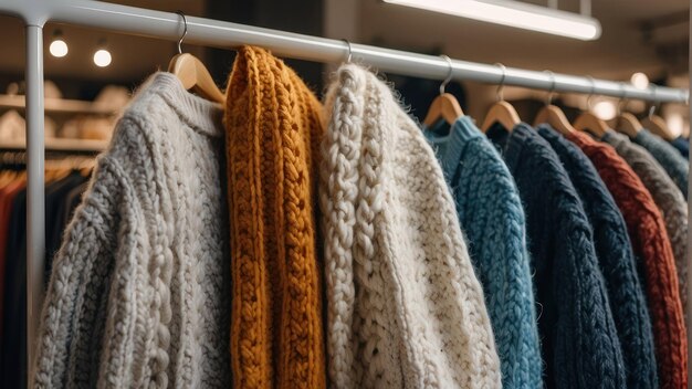 Cozy knit sweaters on a clothing rack